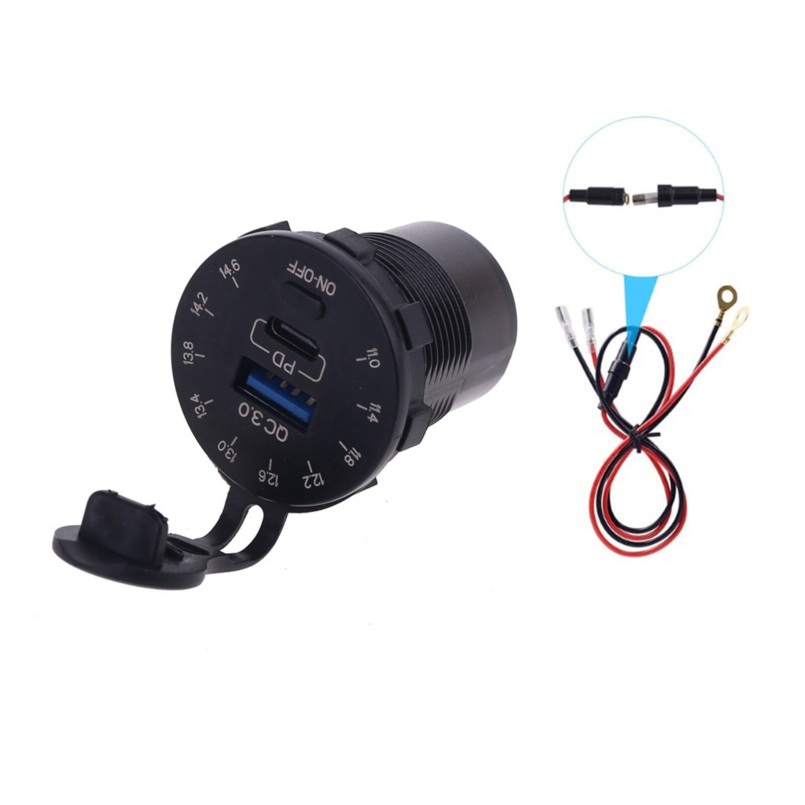 Wasserdichter kfz-ladeadapter mit 12v schnellladeanschlüssen ,  qc3.0 usb-anschlüssen und 18w typ-c-pd-anschlüssen, led-voltmeter und ein-/ausschalter für suv, motorrad, boot