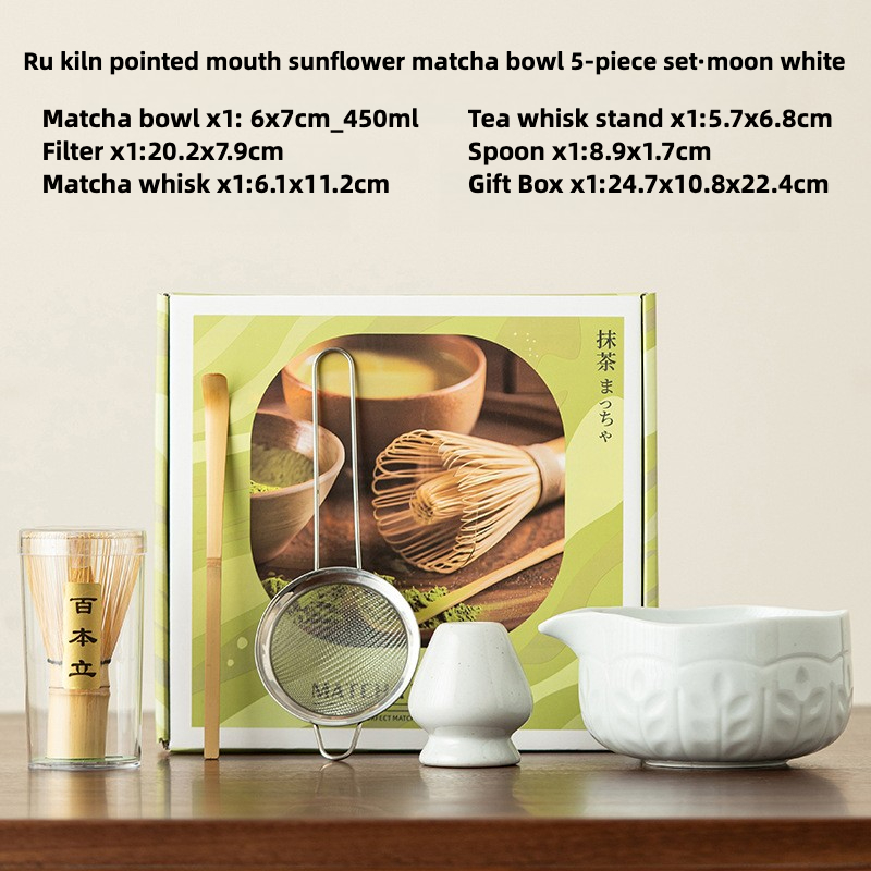 Matcha Tea Set 5 Pcs Matcha Whisk Set with Handcrafted Ru Ware Bowl Bamboo Whisk & Brush Ceremonial Japanese Matcha Tools: light green