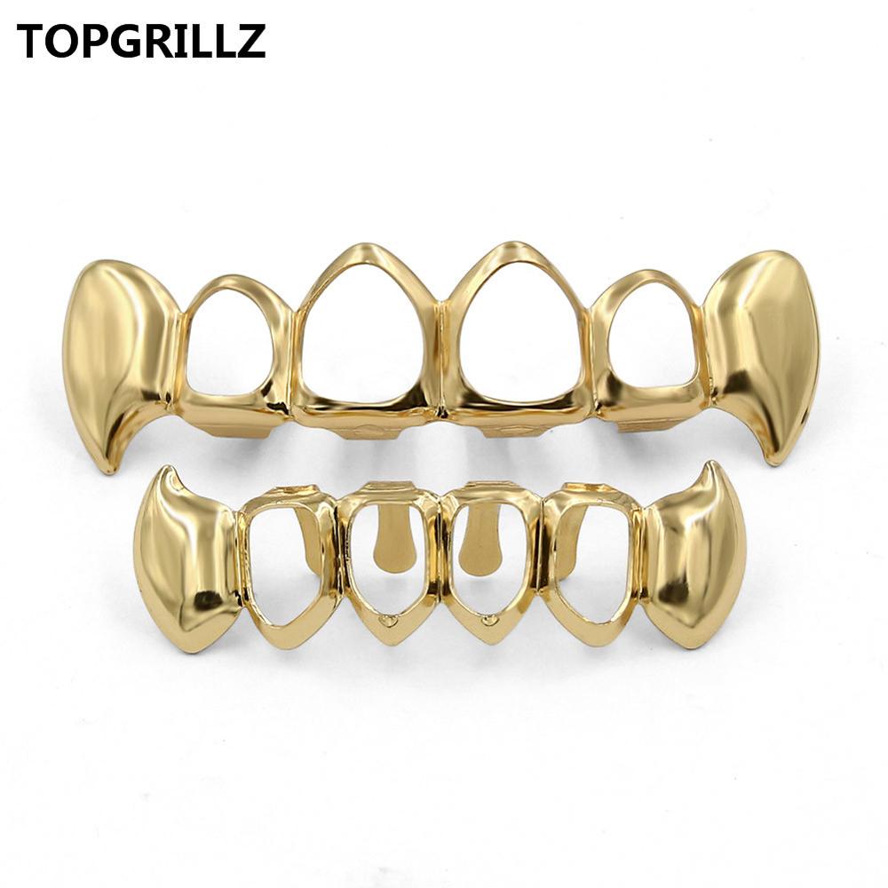 TOPGRILLZ Vergoldeter Hüfte-hüpfen-Zahngrill, oberer und unterer Grill, Hüfte-hüpfen-Bling-Hohlvampirzähne für Halloween: Hellgelb gold Farbe