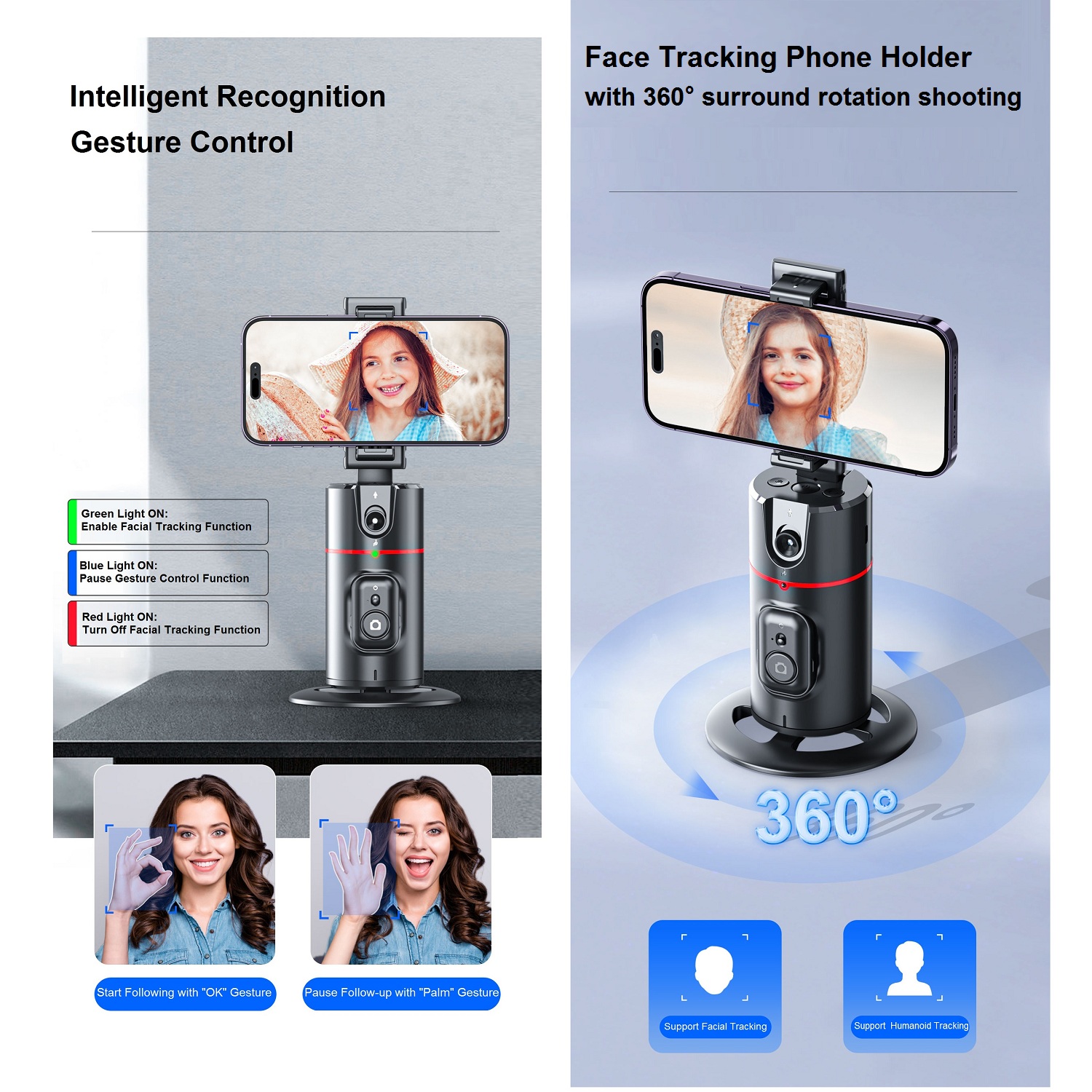 Statyw automatyczny do śledzenia twarzy 360 ° Obrót, AI Follow-up Selfie Desktop Śledzenie twarzy Uchwyt na telefon Stabilizator gimbala do telefonu