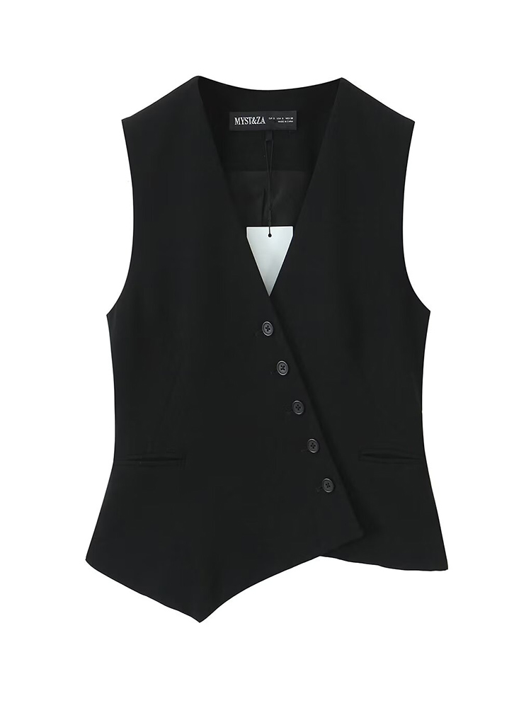 TFMLN nouvelles femmes printemps été gilet asymétrique femme col en v mince gilet de transport haut sans manches boutons noir blanc vêtements d'extérieur