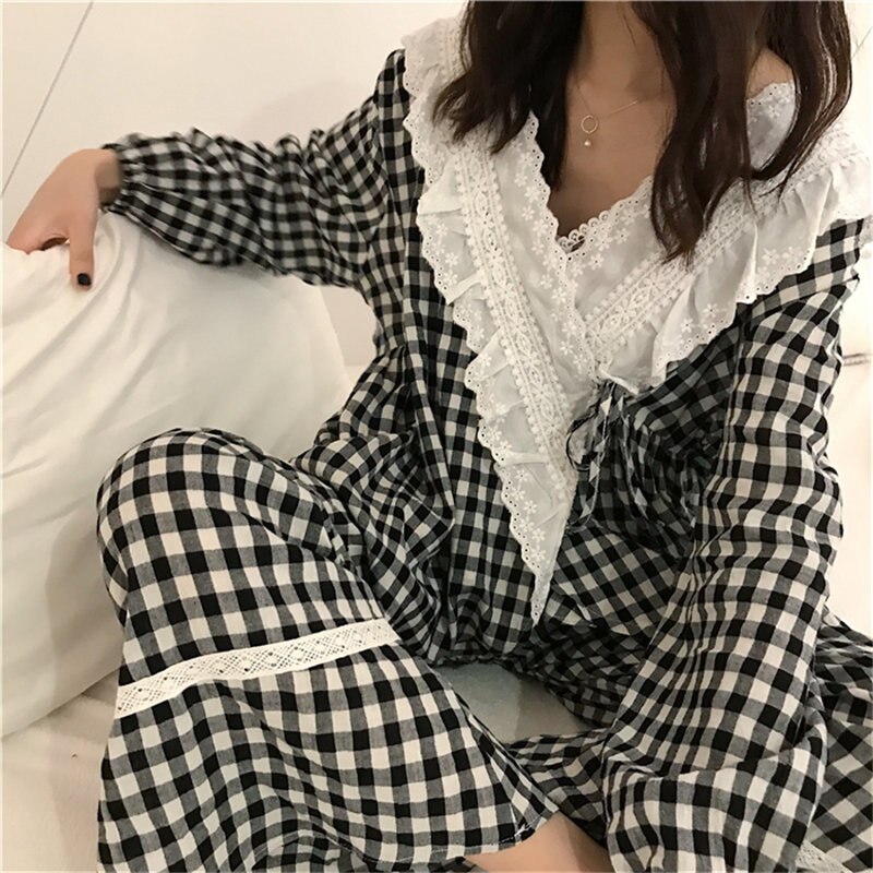 JuneLove Plaid Lace Gentle Three-piece Suits Chic Vintage Women Sweet Sleepwear Loose Pajamas Suits Fresh Home Clothes