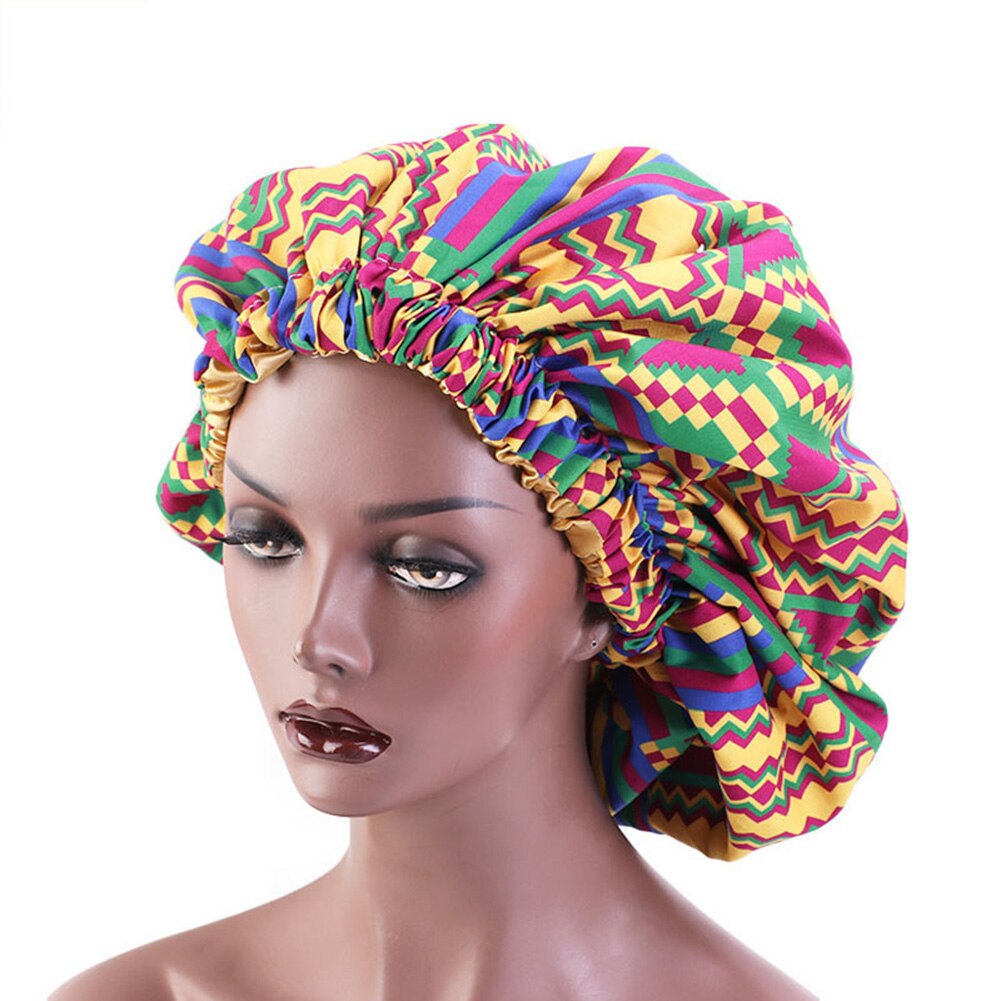 Afrikaanse bloemenprint ronde pet dubbele laag brede band slaap make-up muts satijnen muts haar muts haar muts om te slapen