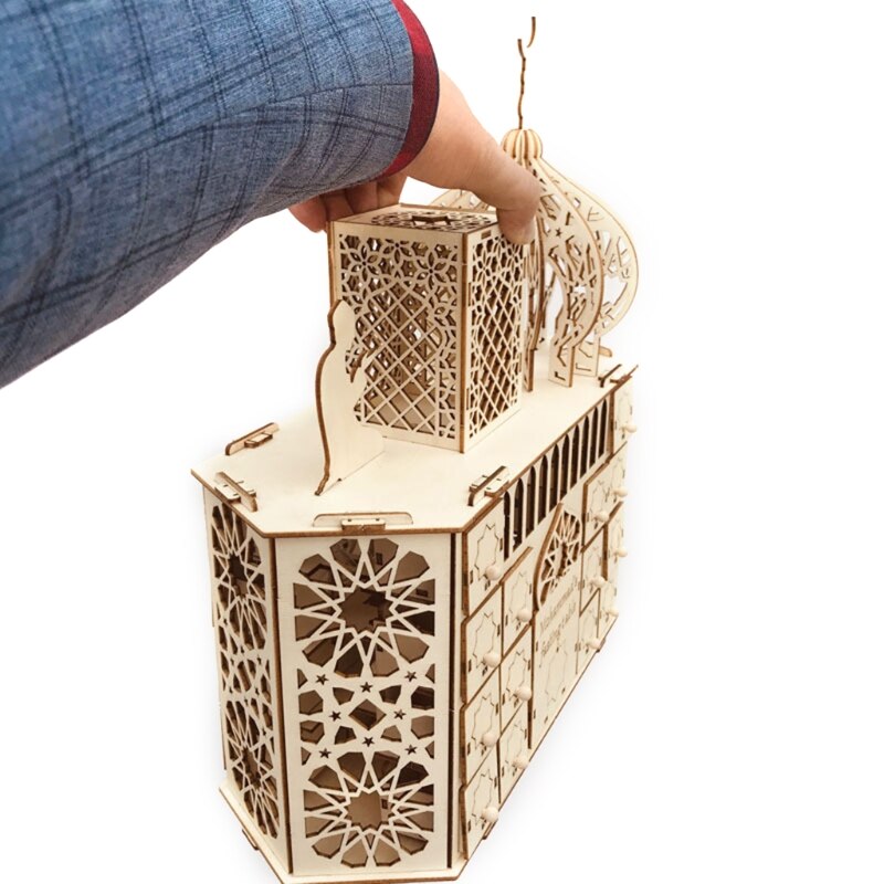 Wooden Eid Mubarak Ramadan Advent Calendar LED Light DIY Muslim Islamic 30 Grids Countdown Drawer Decor