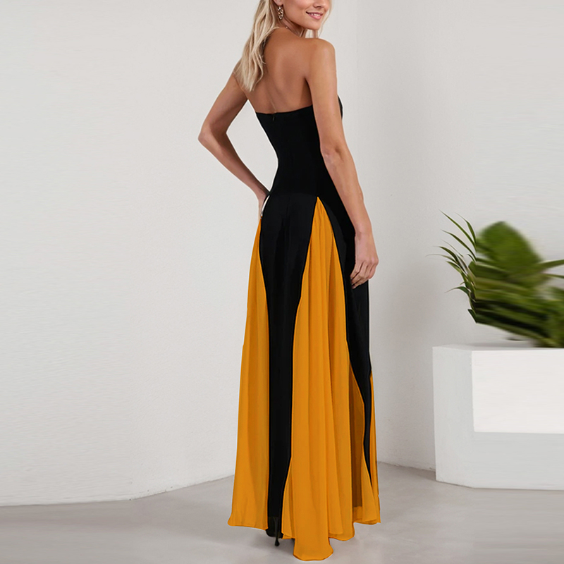 Forårskjoler med off-shoulder-motiv til kvinder sexet tube top farveblokeret patchwork lang kjole sommerkjole med ærmer og ryg