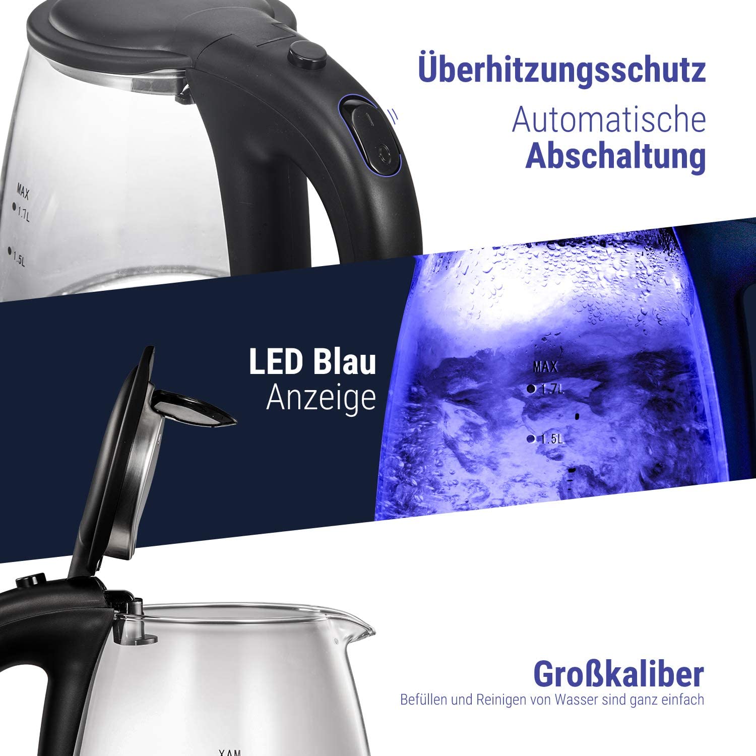 Queensense Kettle Glass Electric Kettle, 1.7 L Tea Maker with Blue LED Lighting, 2200 W Fast Heating Kettle with Auto Shut-off