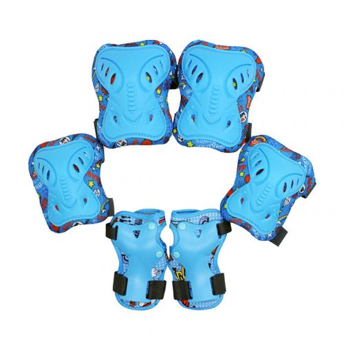 Rodillera de patinaje para niños al aire libre, conjunto de protección de muñeca para bicicleta, monopatín, patinaje sobre hielo, 6 uds.: Blue Cartoon / S
