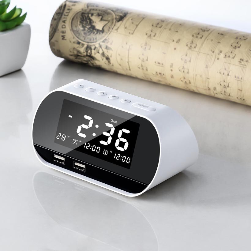 T2 Dual USB Charging Alarm Clock White Smart Wireless Radio LCD Calendar Temperature Display for Bedroom Desktop
