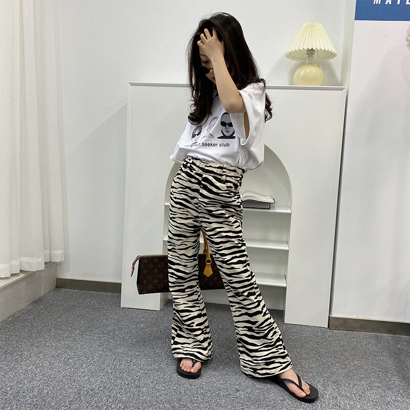 Pantaloni con motivo zebrato da bambina 2021 pantaloni a zampa occidentale Casual retrò stile Hong Kong da bambina primavera