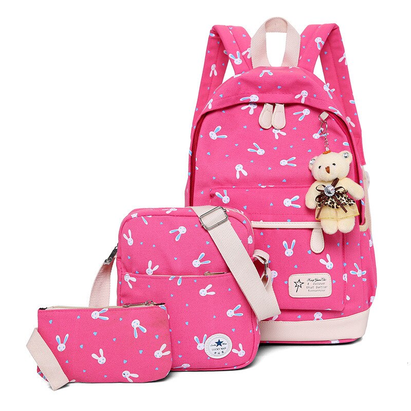 3Pcs/set Women Backpack School Bags Rabbit print Laptop Backpacks With Bear for Teenagers Girls Travel Bag Rucksacks Mochila: Rose red