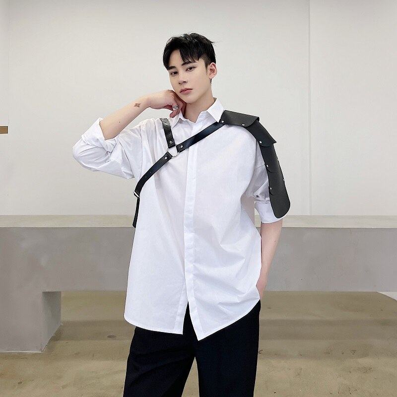 Printemps été Streetwear Japonais Hip Hop PU Bandage Noir Fonctionnel Vent À Manches Longues Chemise homme Ample Décontracté