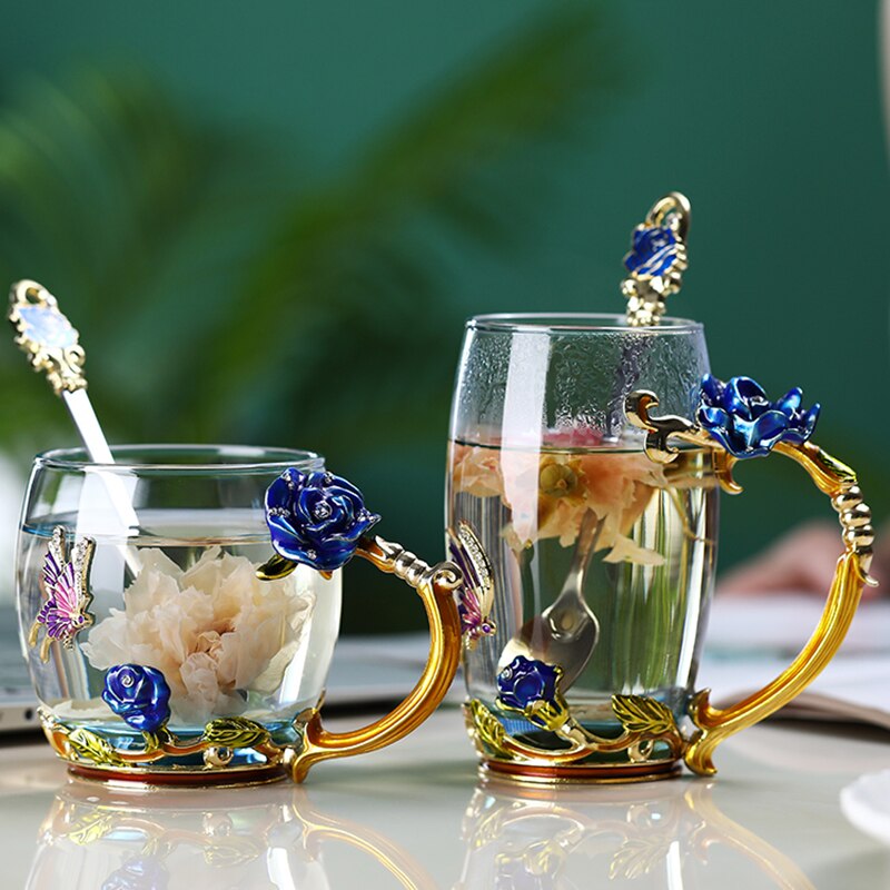 Glass Coffee Mug Tea Cup Enamel Crystal Flower High-grade Handgrip for Lover Wedding R2078