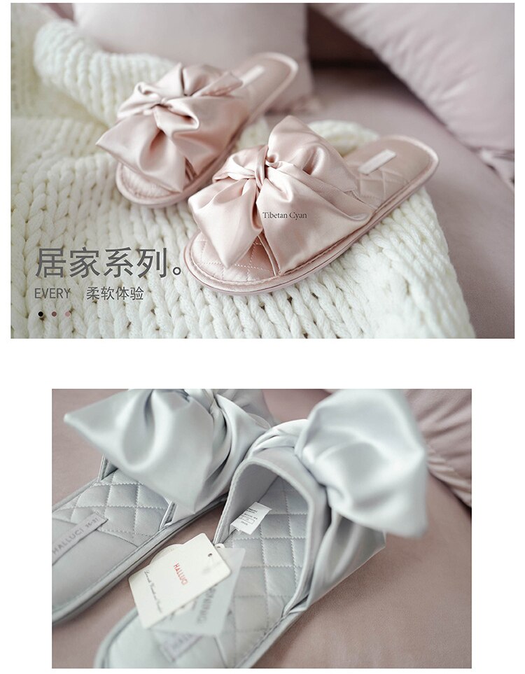 Nowe mody satyny jedwabna kokardka ćwierkanie palec u nogi domowe kapcie kobiety sandały Korea poślizg na buty damskie kapcie robić sypialni klapki TX32003