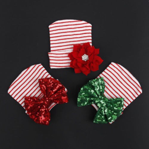 Chrismas Newborn Toddler Kids Baby Boys Girls Xmas Sequins Bowknot Floral Striped Hat Winter Warm Crochet Knit Beanie Cap