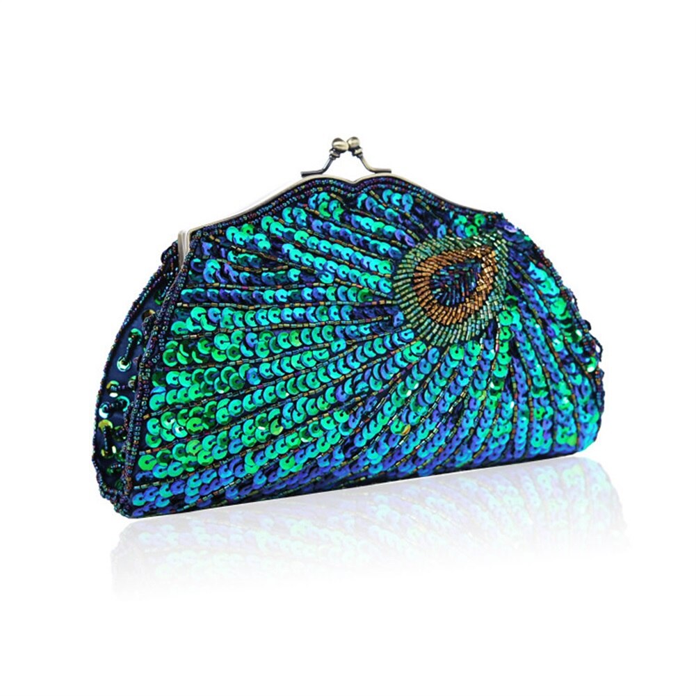 Pauwenveer Patroon Sequin Clutch Evening Party Wedding Pouch Purse Women'S Bag Vintage Ketting Kleine Zakken Met Portemonnee Bolsa