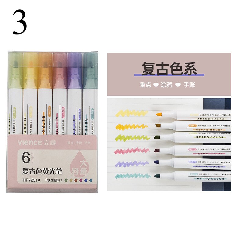 6Pcs/Set Fluorescent Colors Highlighter Pen Vintage Macaron Colors Marker Pen 6 Color Cute Graffiti Pen Stationery Supplies: 3