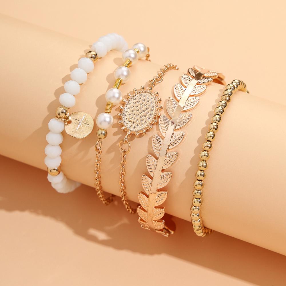 DIEZI 5 pz/impostato Della Boemia dell'oro dell'annata Della Catena sole Flowr Bracciali Braccialetti D'imitazione perle Borda il Braccialetto Delle Ragazze Degli Insiemi Dei Monili Delle Donne