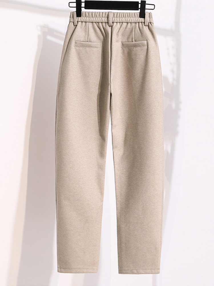 Plus Size Wollen Broek Dames 2024 Herfst Winter Nieuwkomers Beige of Zwart Pakbroek Broek Koreaanse Stijl Elastische Taille Broek