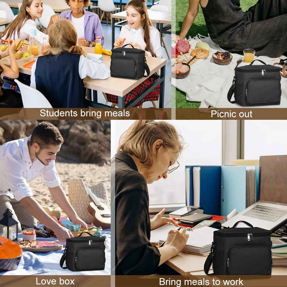 Multifunctional Lunch Bag for Teenage Black Color Picnic Meal Box Waterproof Lunch Box Gold Letter Printing Series