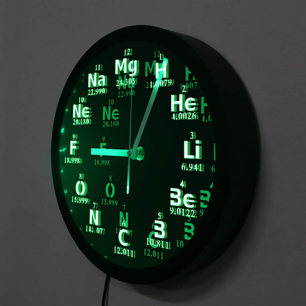 Reloj de pared con elementos químicos, con moderno reloj de pared, iluminación LED de ciencia, para estudiantes de ciencia y química