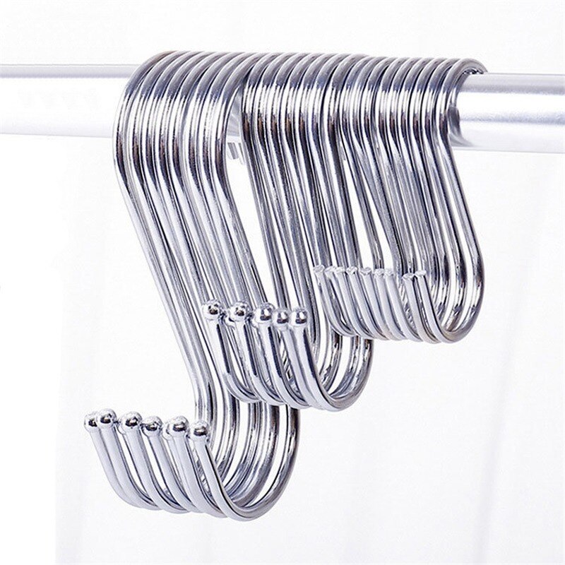 10pcs Stainless Steel S-Shape Hooks Kitchen Bedroom Black Silver Railing S Hanger Hook Clasp Holder Hooks Hanging Storage Tools