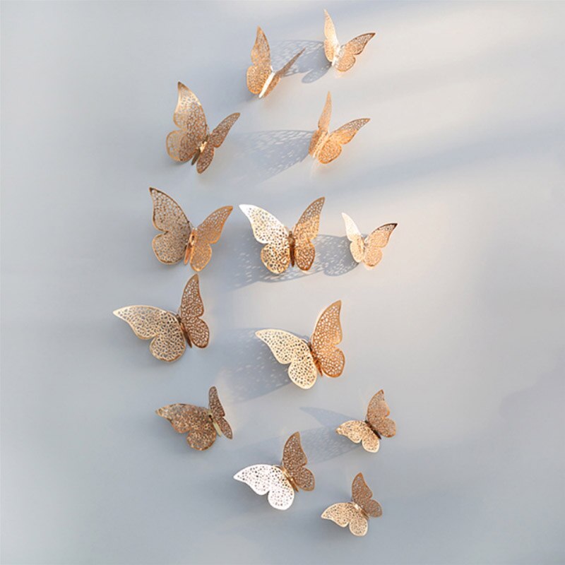 12 unids/lote de calcomanías de mariposa 3D doradas y plateadas para pared, calcomanías artísticas para el hogar, pegatinas para pared, decoraciones para exhibición de mariposas para fiestas y: B-gold