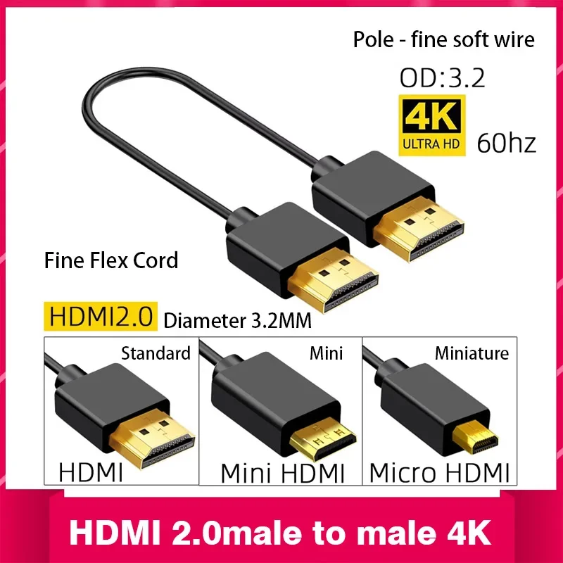 Mini hdmi och micro hdmi 2.0 version 4k ultratunn flexibel kabel hdmi 2.0 hdmi 4k tunn mjuk hd kort kabel  od3.2 20cm 30cm 50cm 1m