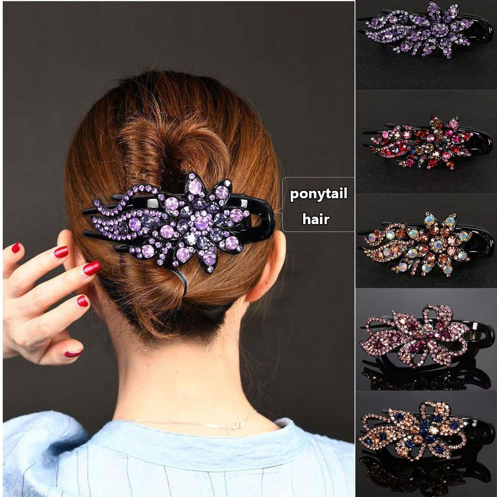 Épingle à cheveux en strass brillant, feuille de fleur, bec de canard, griffes rétro, accessoires pour cheveux pour femmes, couvre-chef queue de cheval brillante