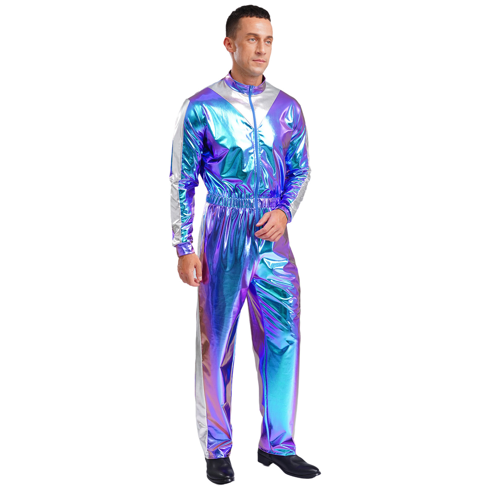 Mens Sparkly Shiny Astronaut Alien Outer Space Cosplay Costume Long Sleeves Unitards Jumpsuit Rave Club Wear Spaceman Outfits