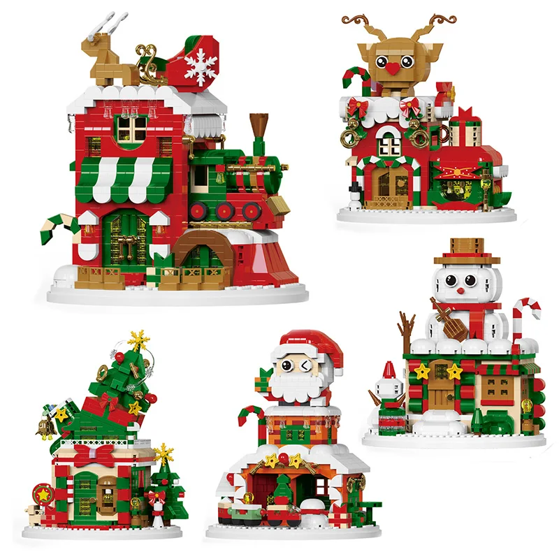 Christmas Winter Village Building Blocks Snowhouse Snowman Elk Shop 3D Model Assembly Mini Brick Figure Toys For Kid