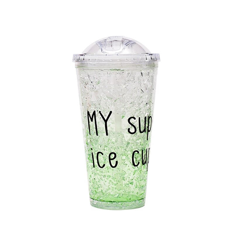 Newest Plastic Double-layer Juice Ice Cool Cup With Straw Cup Transparent Drinkware Cup 450ML: Green
