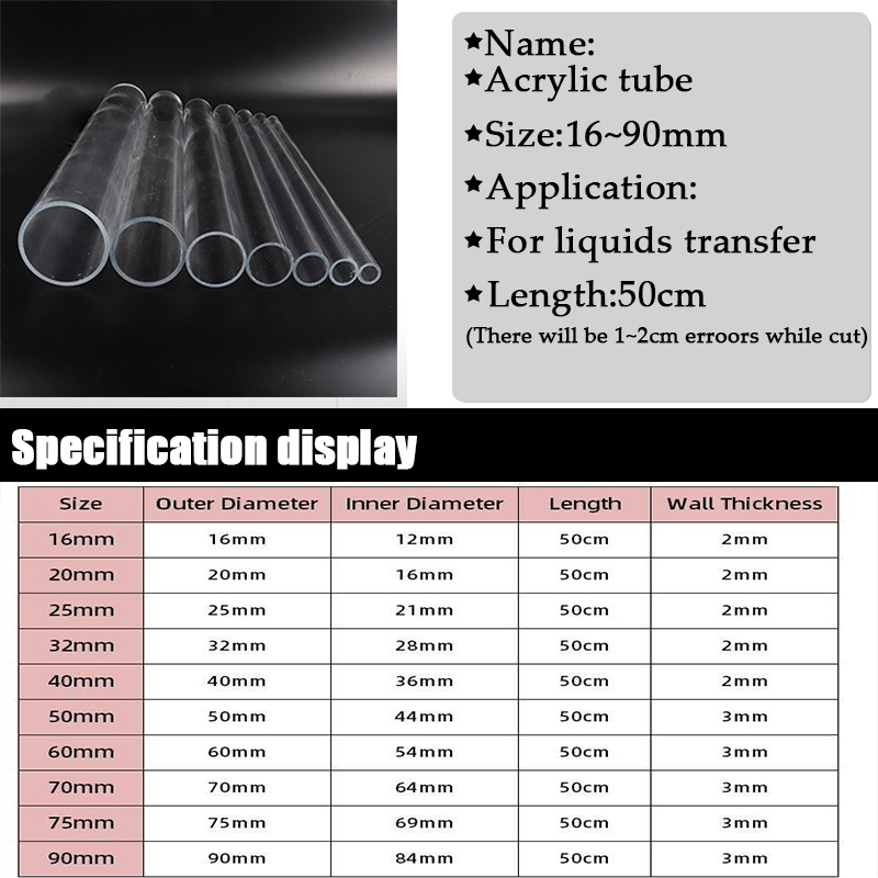2 Stuks Od 16 ~ 60Mm Transparant Acryl Buis Aquarium Aquarium Benodigdheden Plexiglas Waterleiding Tuin Watering fittings 50Cm