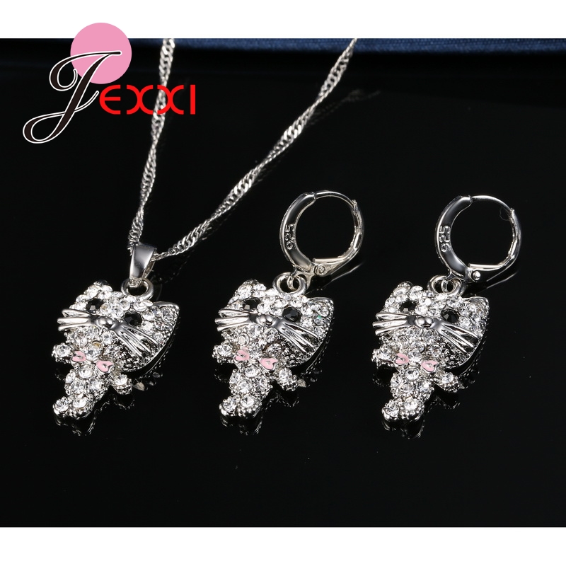 Joli zircon cubique mignon africain AAA chat Collier Collier 925 en argent Sterling boucles d'oreilles ensembles fête anniversaire bijoux