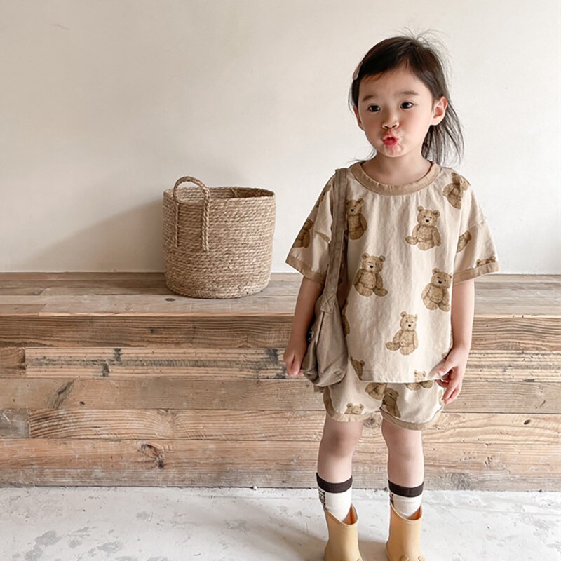 MILANCEL 2022 Summer Kids Clothing Set Bear Print Boys Suit Vintage Tee and Shorts Set di abbigliamento per ragazze 2 pezzi
