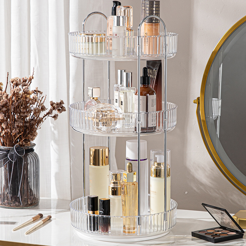 Rotating Makeup Organizer for Vanity 3 Tier Skincare Organizers Large Storage Bathroom Countertop Clear Cosmetic Holder Dresser: Beige