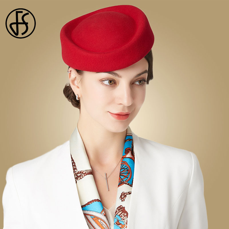 FS Women Fascinator Hat Base Red Wedding Party Church Cocktail Wool Hats Solid Fedora Hats For Bridal Chapeau Femme