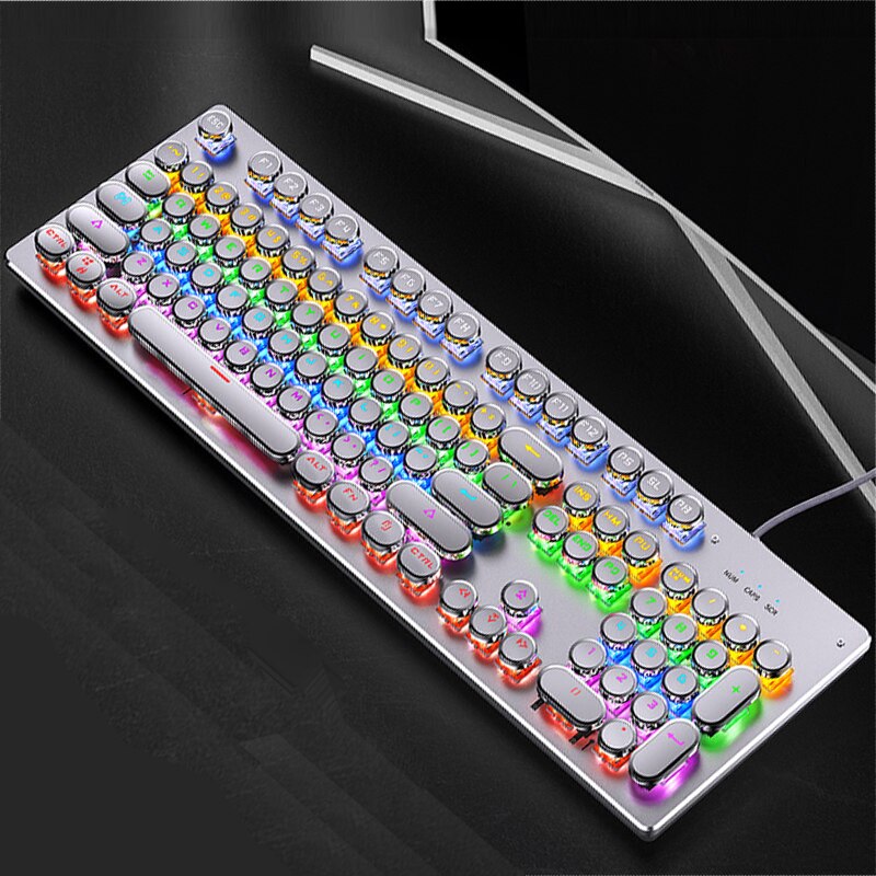 Gaming Mechanical Keyboard Punk Round Retro Keycap Backlit USB Wired Computer Peripherals: Round button white / Blue Switch