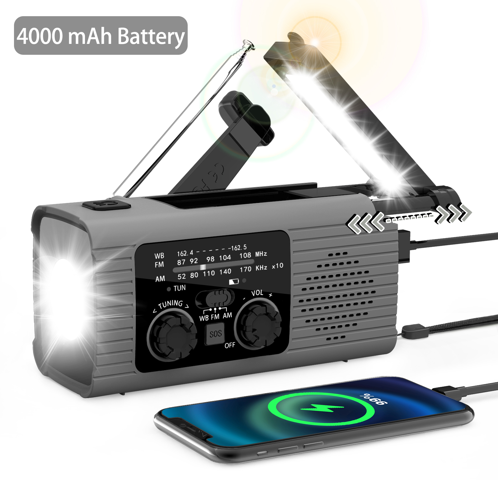 4000 mAh LED emergency light USB emergency light with light radio outdoor camping radio solar charging radio portable: green