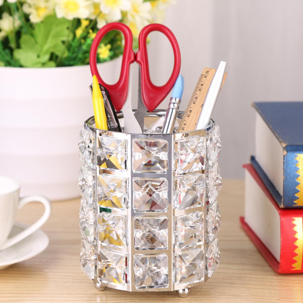 Metal Crystal Makeup Brushes Storage Tube Eyebrow Pencil Cosmetic Pens Holder Desktop Jewelry Box Organizer