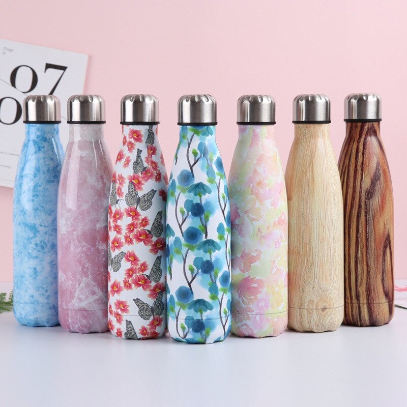 Floral Wood Water Bottle BPA Free Marble Insulated Cold Cup Coffee Mug Leak-proof Water+Bottles Stainless Steel Thermos Flask