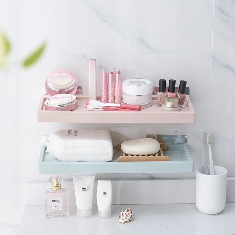 Plastik badeværelseshylde forfængelighed væghængende stativ selvklæbende opbevaringsstativ gratis stansning bruseholder køkkenting toilet arrangør