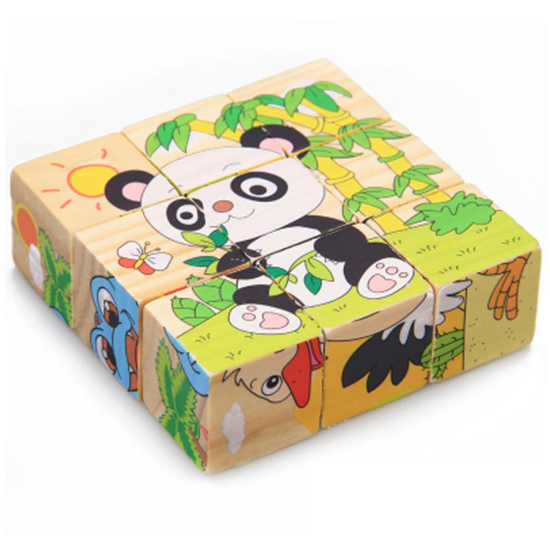 9Pcs/Set 3D Puzzle Wooden Toys Six Sides Animal Pattern Wood Cube Jigsaw Puzzles Toys for Children Educational Toys Random Send