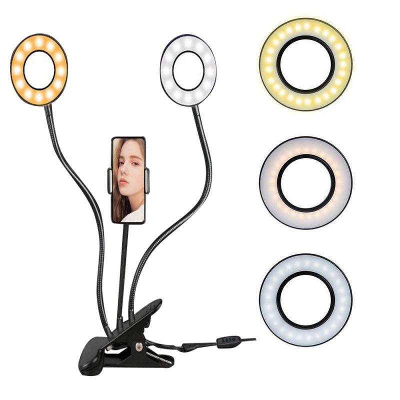 3 Kleuren Led Licht Selfie Ring Licht Met Flexibele Verstelbare Universele Mobiele Telefoon Houder Stevige Clip Dagelijks Leven Handig