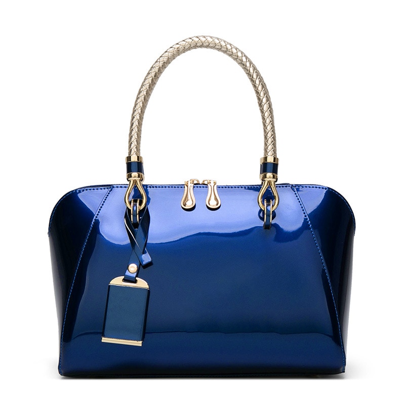 Lacquered leather woman handbag bright color azure blue Boston bag woman shoulder bag