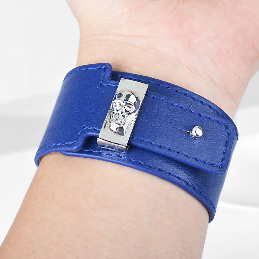 Kirykle – Bracelet en cuir large bleu pour femmes, bijoux de Style Punk, décorations tête de mort