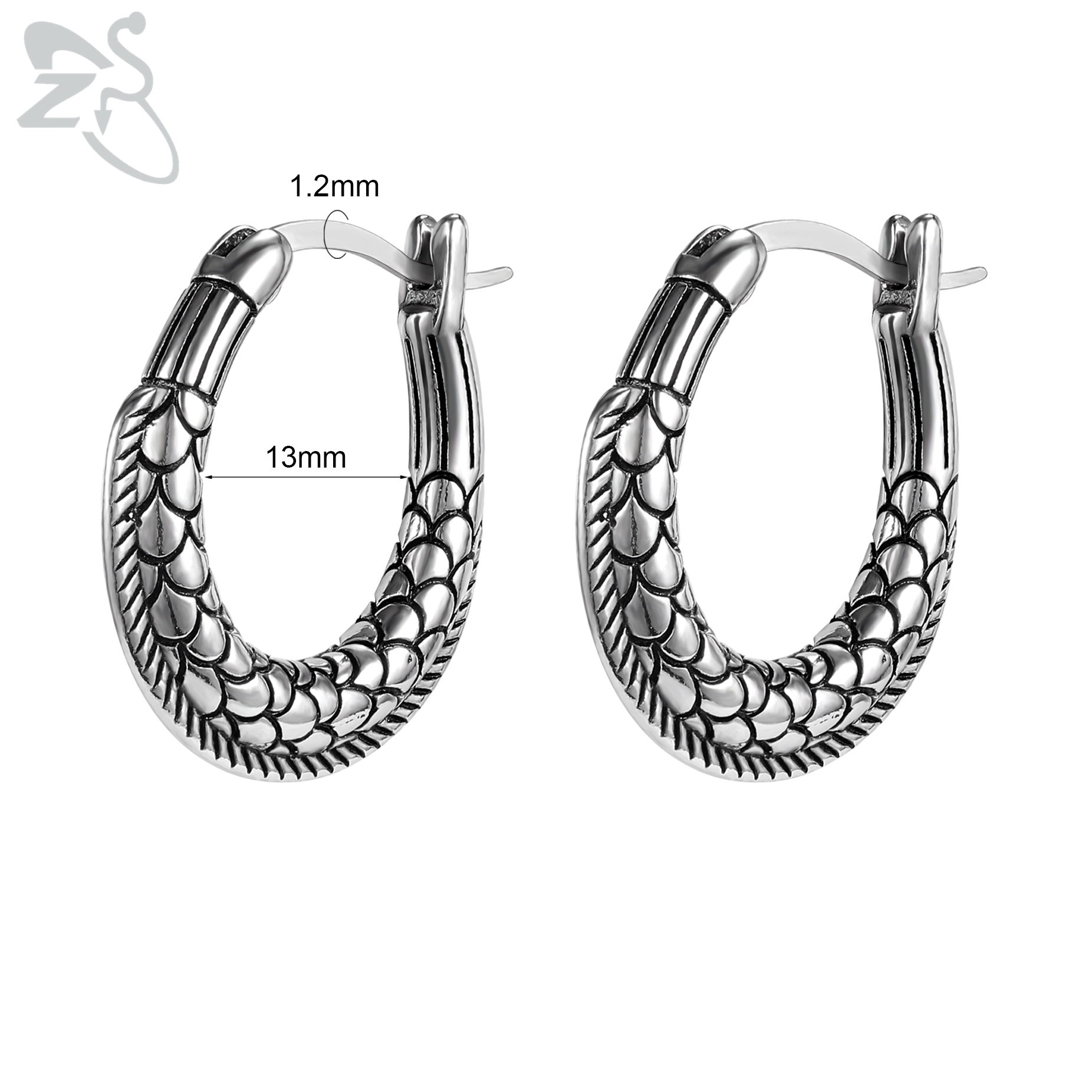 ZS-pendientes de aro de acero inoxidable para hombre, aretes redondos de calavera, serpiente, gótico, Punk, Rock, colgante, cartílago de hélice, 18G, 2 unidades por lote: Chapado en platino