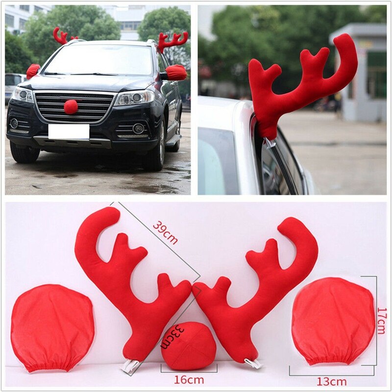 5 xuniversal rød plys + plast bil stor rensdyr gevir næse & bakspejl dækning bil juledekorationssæt