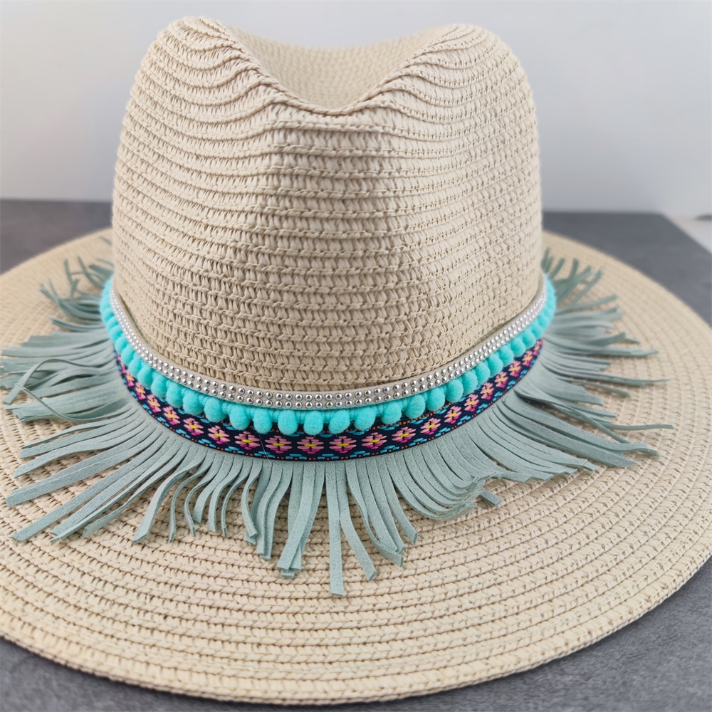 Boho stil solhat bred skygge floppy sommerhatte til kvinder strand panama stråkuppel blomsterhat femme skyggehat: 16