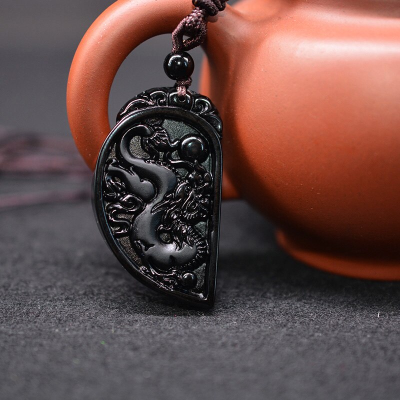 1 Set Obsidian Carving Drachen und Phoenix Halskette Anhänger YIN YANG Anhänger Halskette Obsidian Glück Anhänger