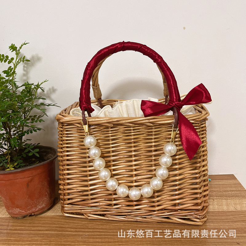 Bolso tejido de mimbre para mujer, organizador de escritorio de ratán, de boda, bolso femenino, cesta con decoración de cinta: Square wine red